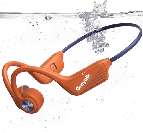 GREYOLK Cuffie a Conduzione Ossea IP68 Impermeabili per Nuoto, Bluetooth 5.4 e MP3 con 32GB, Design Open-Ear Confortevole per Nuotare, Correre e Sport All’Aperto, arancia