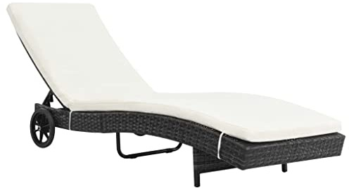 Frdhee Tumbona de playa, sillón de relax ergonómico, tumbona de jardín, tumbona de relax, tumbona de baño, tumbona con ruedas y cojín de poliratán, color negro, para balcón, camping, viajes