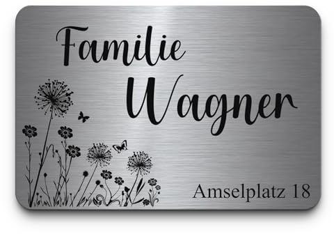 Edelstahl Schild personalisiert mit Gravur - graviertes Namensschild ab 8x5 cm abgerundete Ecken - von klein bis groß - Türschild Briefkastenschild Klingelschild - selbstklebend o. Bohrung