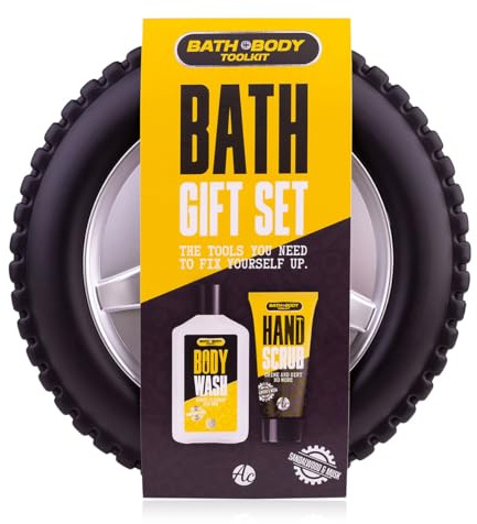 Accentra badset BATH + BODY TOOLKIT för män, hårt fodral i däckform, presentset med 160 ml duschgel, 60 ml handpeeling, doft sandelträ och mysk, presentidé till fars dag i gult och svart