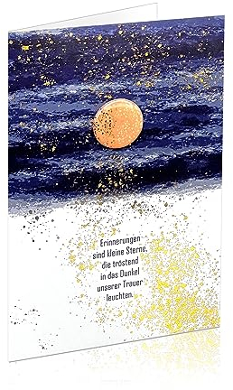 metALUm Hochwertige exklusive Trauerkarte, Sternenstaub mit goldenem Schimmer, Beileidskarte im Format B6, Doppelkarte ohne Innentext, mit weißem Umschlag, Erinnerungen sind kleine Sterne