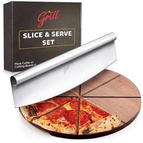Hans Grill Pizza Cutting Board and Pizza Cutter Rocker Blade Gift Set Professional Stainless Steel Food Slicer with 13.5 Acacia Wooden Board Perfect for Slicing and Serving Pizza, Pies and Cheese