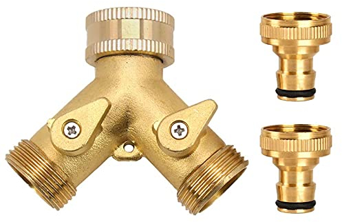 Garden Hose Splitter, 3/4 Inch 2 Way Brass Tap Y Valve Hose Connector with Individual On/off and 2PCS 3/4 Inch Quick Connector for Home Kitchen Garden Watering