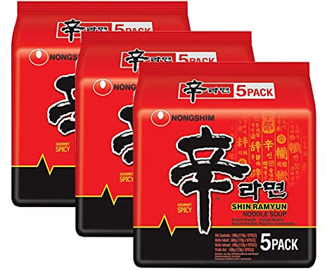 Nongshim Shin Ramyun 600g(120gx5) (Pack of 3) – Instant Korean Style Traditional Spicy Noodle Soup Family Pack - Excellent For Snacking, Stir-Frying, Soups, Or As A Quick Side Dish