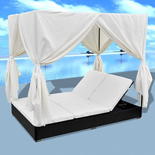 Festnight Tumbona Doble de Jardín con Toldo y 2 Cojines para 2 Personas Cama Balinesa de Ratán Cama Exterior Jardin Terraza Exterior Porche 197 x 140 x 180 cm Negro