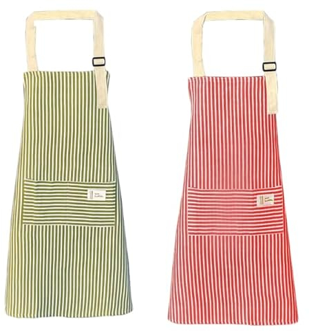 Qipuneky 2 Piezas Delantal de Cocina Antiincrustante, Cuello Ajustable Con Bolsillos, Para Asar a la Parrilla en el Restaurante del Jardín (Rojo + Verde)