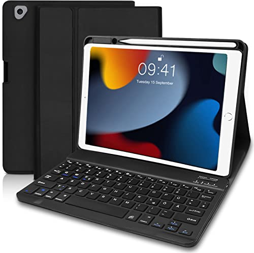 Tastatur Hülle für iPad 9./8./7. Generation 10.2 Zoll, Bluetooth QWERTZ Funktastatur Mit Schutzhülle/Pencil Halter für iPad Air 3, Pro 10.5 - Schwarz