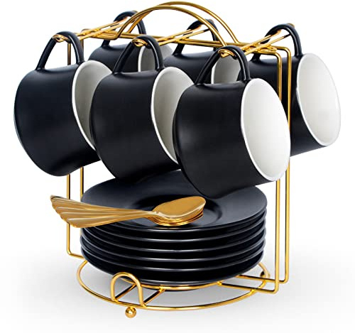 Lareina 7-Ounce Porcelain Cappuccino Cups Set of 6, Stackable Coffee Cups with Saucers, Spoons and Metal Stand-for Specialty Coffee Drinks, Cappuccino, Latte, Americano and Tea, Black