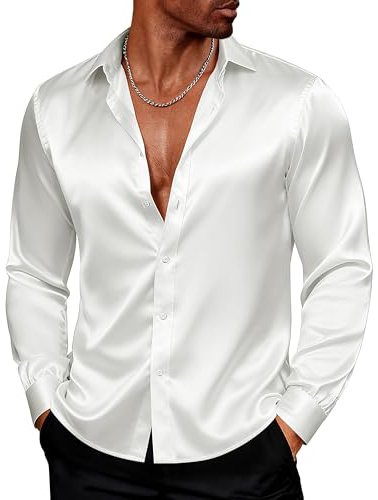 PJ Paul Jones, Camisa de Vestir de satén y Seda Brillante con Botones para Hombre, con Pajarita, de Manga Larga, Blanco, X-Large