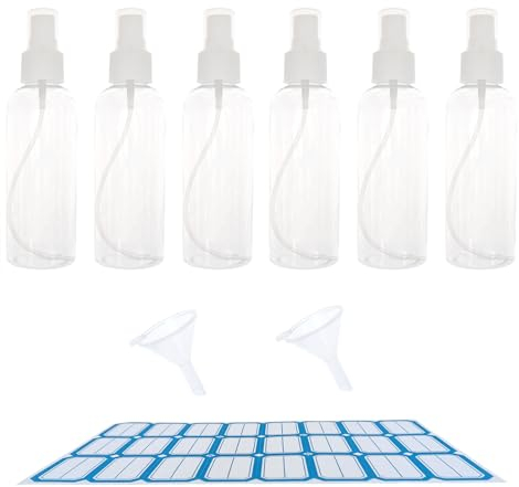 ZHIYE 6PCS Spray Bottle, 200ml Plastic Refillable Spray Bottle Clear Empty Fine Mist Atomiser Travel Bottle with Funnel and Labels for Cleaning Make-up Cosmetic Hair