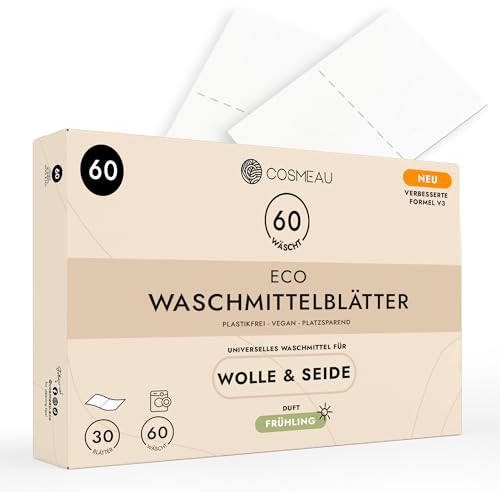Cosmeau Waschmittel Blätter für Wolle und Seide - Frühlingsfrisch - bis zu 60 Waschgänge (60 Blätter) - Nachhaltige Waschmittelblätter - Plastikfrei & Perfekt als Reisewaschmittel