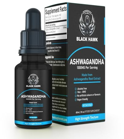 Ashwagandha High Strength 1000mg - Liquid Drops & Tincture, Root Extract - Vegan - Calm, Stress & Sleep Support - 60 Servings, 2 Month Supply 60ml - Natural Flavour BLACK HAWK