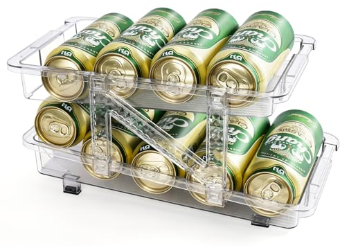 Extendable Fridge Drinks Organiser, 2 Layer Can Holder Width Adjustable Rolling Dispenser for 330ML & 500ML Beer & Soda