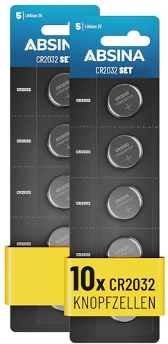 ABSINA 10x Batteria CR2032 3V - Pile CR2032 a prova di perdite, resistenti e longevoli - Batterie CR2032, CR 2032 batteria, batterie 2032 a bottone, pila CR2032, batteria 2032, pile 2032 bottone