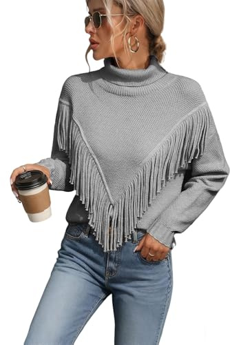 crazy bean Maglione Collo Alto Lungo Donna Pesante Moda Maglioni con Frange Manica Lunga Pullover Manica Lunga Slim Fit Caldo Grigio L