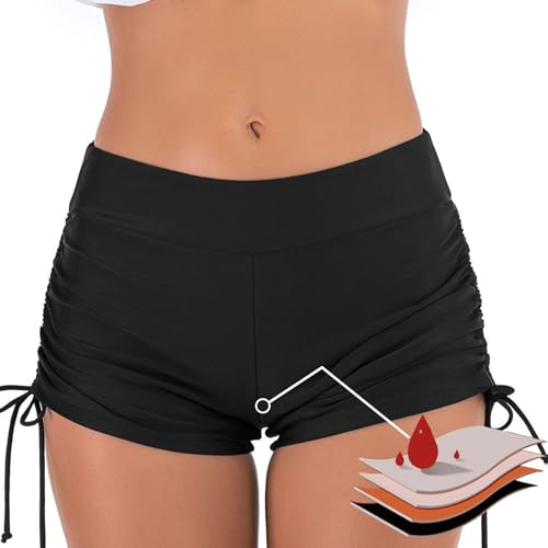 Culotte menstruelle pour femmes natation, taille haute 4 plis étanche bikini bas de maillot menstruel pour filles adolescentes, super absorbant à séchage rapide short de bain pour plage piscine, Noir