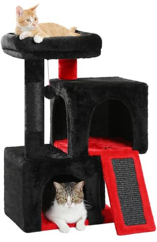 PETEPELA Cat Scratching Post with Dual Condos for Indoor Cats, All-in-One Cat House with Padded Perch, Scratching Ramp and Posts and Interchangeable Balls, Black