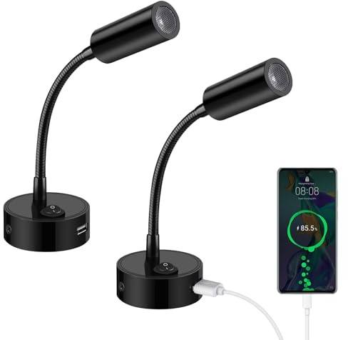 ERWEY 2pcs Lampes de Lecture LED 12V pour camping-car avec col de cygne flexible et port de charge USB 3000K blanc chaud DC 10-30V éclairage intérieur pour bateau caravane yacht, noir