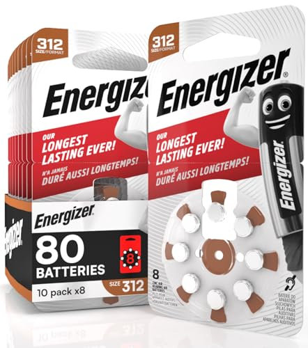 80 pilas acústicas Energizer para audífonos, tamaño 312, marrón sin mercurio, 10 paquetes de 8 pilas