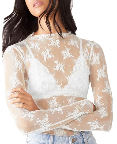 NAJZYBA T-Shirt Transparent Femme Sexy en Dentelle Florale Haut en Mesh Clubwear Tulle Haut Femme Noir Transparent Moulant à Manches Longues Tulle Top en Maille Sexy Blouse pour Soirée Club