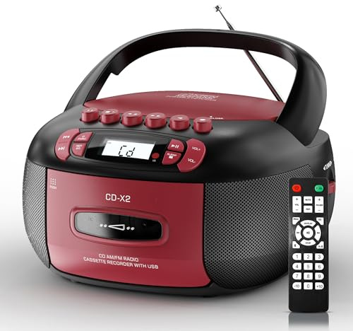Boombox - Reproductor de CD con Bluetooth, radio AM/FM, sonido estéreo con control remoto, unidad AUX/USB, grabación de cinta, alimentación AC/DC, conector para auriculares, pantalla LCD para el hogar