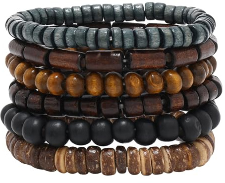 Zovator Wooden Stretch Bracelets for Women Men, 6Pcs Natutral Beads Wristband Men's Bead Bracelet Beaded Bracelets for Men Adjustable Elastic Mens Bracelet Set Cuffs Gifts for Men (A)
