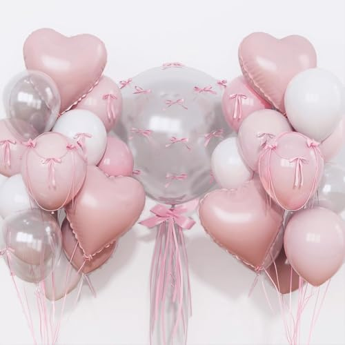 Ballon Coeur, 25 PCS Ballon Rose et Blanc, Ballons d'amour Rose, Ballons Aluminium Coeur et Balloons en Latex, Balloons de Baudruche pour Mariages, Anniversaires, Fêtes Prénatales