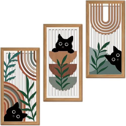 TOARTi Boho Black Cat Wall Decor, Farmhouse Geometric Hanging Wooden Wall Art,3 Pcs 8”X16” Mid Century Bohemian Abstract Moon and Sun Wood Sign for Nursery Bedroom Decoration, Lovely Cat Gifts