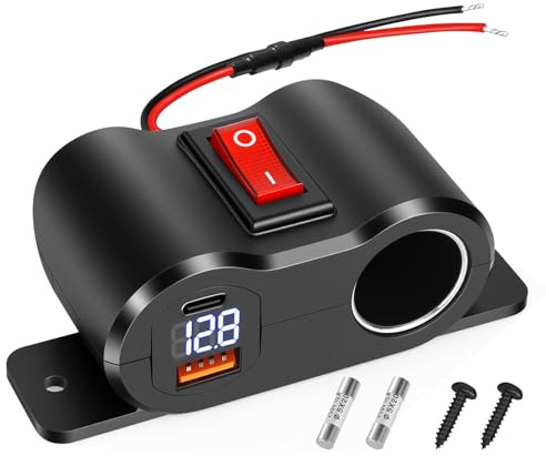 48W QC3.0 &PD3.0 USB Accendino Presa di Alimentazione Caricatore da Auto,Presa accendisigari 120W con Voltmetro blu e Interruttore,per Barca, Auto, motocicletta