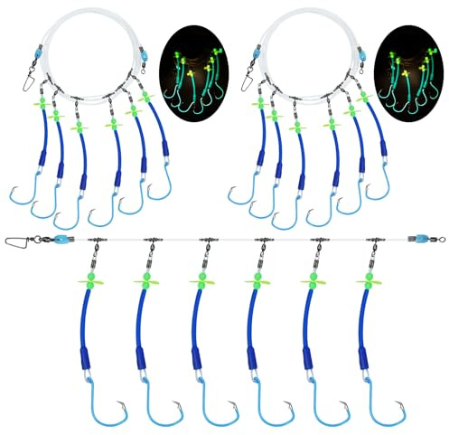 Deep Drop Angelvorfach mit blauer Schnur, grünen Perlen, transparenter Linie, Multi-Haken-Einrichtung für Meeresangeln (2 blau - 8/0-6)