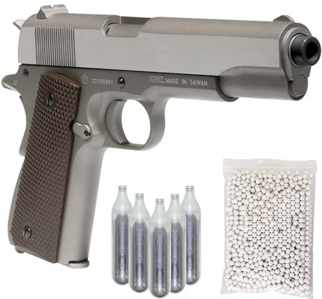 1911 Tactical Series pistola softair CO2 full metal scarrellante, 5 bombolette e 1000 pallini, caricatore 15 pallini, slitta sotto canna, sicura, POTENZA 0,9 JOULE (Metallo)