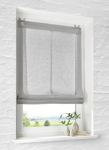 Brondy - Tenda a pacchetto con occhielli, colore: grigio, semitrasparente, effetto lino, con ganci per appenderla senza foratura, larghezza 100 cm x altezza 140 cm
