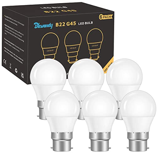 B22 LED Glühbirne, 5W LED Lampe ersetzt 40W Glühlampen, 500Lm Warmweiß 3000K 280° Strahlwinkel Energiesparlampe, G45 Kolbenform B22 Bajonett Kappe Leuchtmittel, Kein Flackern, Nicht Dimmbar, 6er-Pack