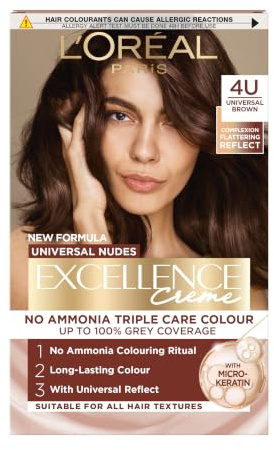 L’Oréal Excellence Permanent Hair Dye Colouring Cream, 100% Grey Coverage, With Pro-Keratin + Ammonia-Free, Universal Nudes, 4U Brown