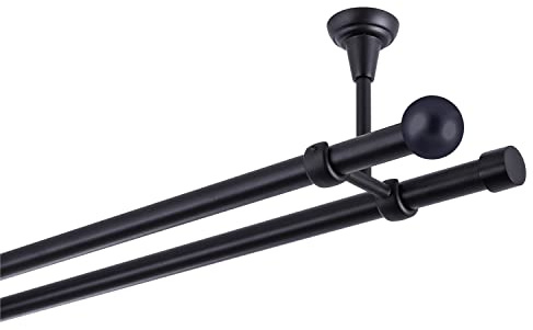 Bastone per tende nero, 280 cm, 2 binari, 19 mm, in metallo, fissaggio a soffitto, sfera
