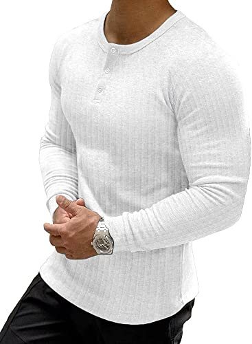 Muscle Cmdr Men's Ribbed Henley Shirt Slim Fit Muscle Shirt Fitted Cotton Long Sleeve Casual T-Shirt White/L