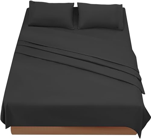 FARFALLAROSSA Lenzuola Matrimoniali 180x190/200 cm - Completo Letto 4 Pezzi in Microfibra Traspirante - Set con Angoli, Telo Sopra e 2 Federe 50x80 - Nero