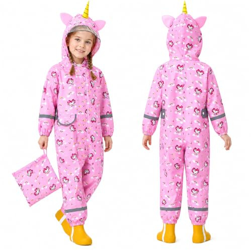 Domueay Boys Girls Puddle Suit Waterproof Hooded Raincoat, Age 1-9 Years | All in One Rain Suit, Windproof, Lightweight, Cute Print Muddy Suit, Zipper, Toddler Rainwear for School Outdoor Play