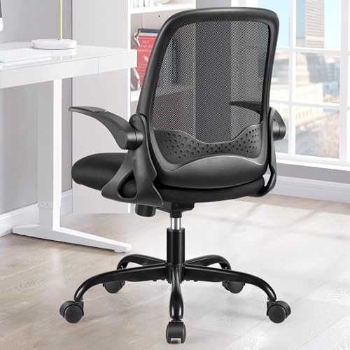 DoChair Bürostuhl Ergonomisch, Schreibtischstuhl, Drehstuhl mit Klappbaren gepolsterte Armlehnen, Wippfunktion, 360° Chefsessel Drehstuhl bis 150kg (Schwarz)