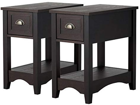 GYMAX Mesita de Noche, Mesita Auxiliar Estrecha, Mesita de Sofá con Cajón y Estante Abierto, Mesita de Noche con Cajones para Salón y Dormitorio, 33 x 56 x 58,5 cm (Nogal, Juego de 2)