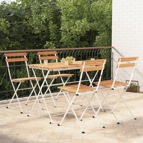 CKioict Banco de jardín, balcón, sillón exterior, 5 piezas, juego de bistró, plegable, madera maciza de acacia y acero, para jardines, terrazas, balcones