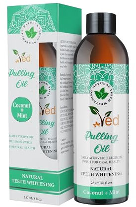 Ved Coconut Pulling Oil, collutorio con raschietto per lingua, olio di cocco naturale per sbiancamento dei denti, alito fresco, denti e gengive più sani, senza alcool, 237 ml