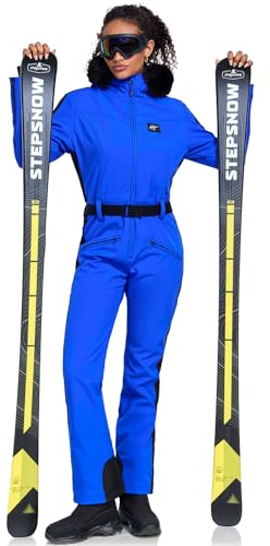 HOTIAN Traje de esquí de una pieza para mujer, traje de nieve de invierno, traje de nieve para mujer, impermeable, a prueba de viento, ropa de esquí, traje de nieve con capucha, mono de nieve, azul