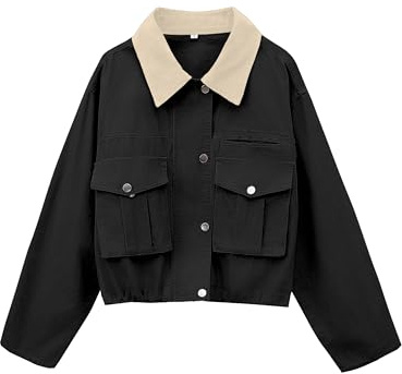 Megfie Womens Cropped Jacket Contrast Collar Utility Coat Cargo Jacket Barn Jacket Outwear with Pockets(0836-Black-S)