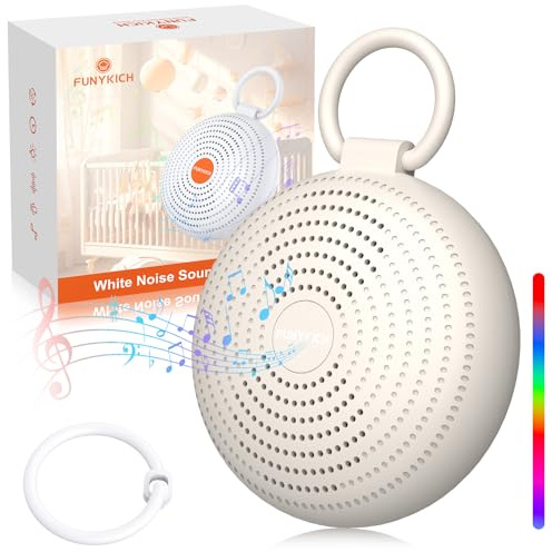 FUNYKICH Bärbar vit brusmaskin med 24 ljud Baby Sleep Machine med minnesfunktion och inspelning Nattljus och färgglatt ljus Justerbart uppladdningsbart batteri för baby (Aprikos grå, M)
