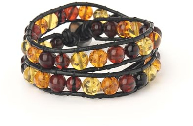 Handgjort armband – naturlig bärnsten och läder – justerbar längd.