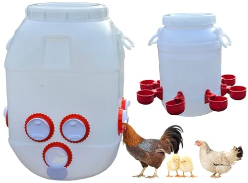 LJBD Comedero Automático 50L(40-50KG) y Bebedero 10L para Gallinas Pollos Aves de Corral, Plástico Resistente 10 Puertos Comedero y 8 Tazas Bebedero para Exteriores(Color:Blanco)