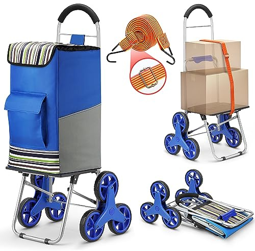 Flovel Carro de Compra Plegable de 6 Ruedas (Capacidad de Carga: 99 kg): Carro para Subir escaleras, Carro Resistente con Correas adicionales, Carro Multiusos para Compras, lavandería y Viajes.