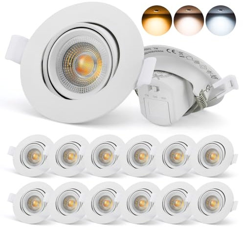Schiele LED Einbaustrahler 230V Flach IP65, 7W LED Spots Deckenleuchte 68mm Lochmaß, Warmweiß Neutralweiß Kaltweiß, Schwenkbar Deckenspots Einbauleuchten für Bad Küche Wohnzimmer, 12er Set