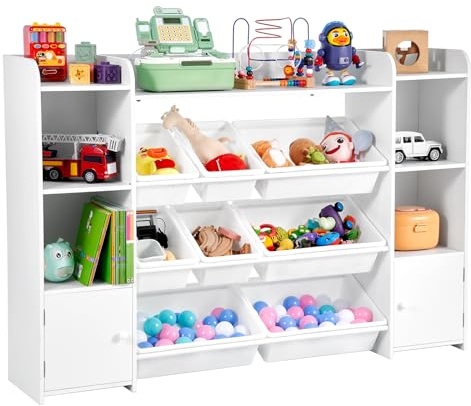 VEVOR Spielzeugaufbewahrung Organizer Bücherregal Spielzeugregal, 4-stöckige multifunktionale Ablage mit 8 flexiblen Kunststoffbehältern Schrank für Schlafzimmer Klassenzimmer Kinderzimmer Weiß